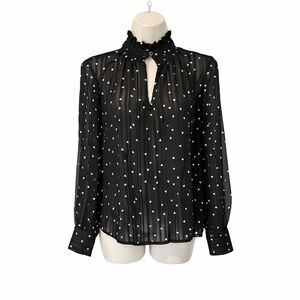 Oodji Ultra Black Sheer Heart Blouse Size S Ruffle High Neck Chiffon Top NWT